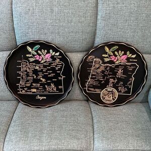 Oregon State Map Vintage Metal Serving Trays | Black and Gold w/ Rhododendron